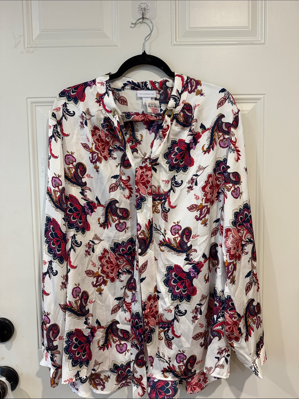Liz Claiborne White Blouse with Red, Navy and Pink Paisley Floral Print